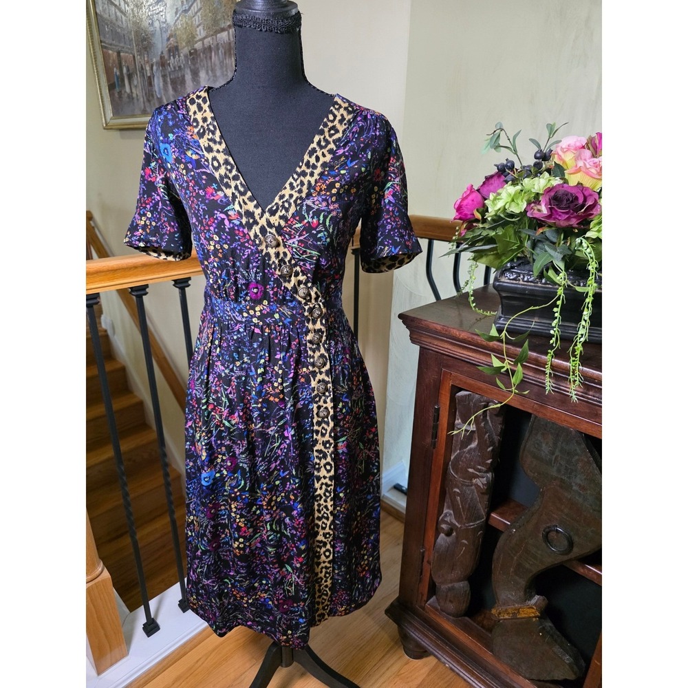 Maeve Anthropologie Floral Leopard Print Midi Dress Mixed Media V-Neck 2